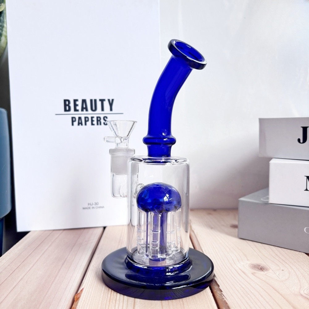Small 7&Prime; Blue Tree arm Perc Glass Water Pipe Bong Bubbler Hookah w/Tobacco Bowl