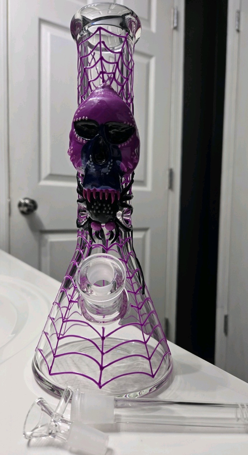 12.5&Prime; Purple Skull Spider Web Glass Beaker Bong Water Pipe w/ Bowl