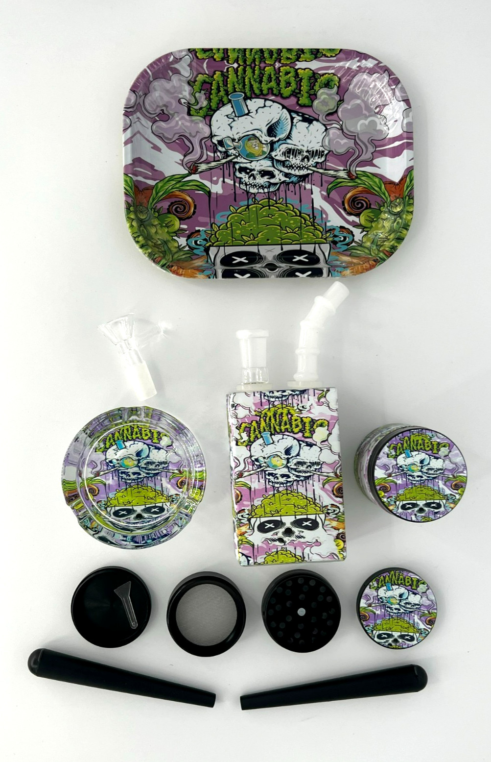 9 PC SMOKING SKULLS SMOKING GIFT SET WITH JUICE BOX RIG BONG PIPE, GRINDER, TRAY