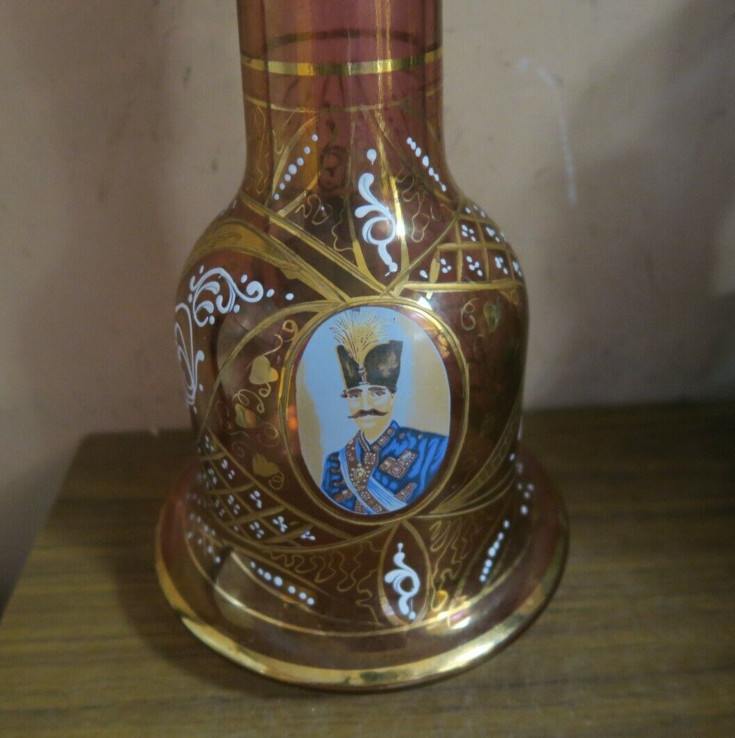 VINTAGE BOHEMIAN GLASS HAND PAINTED HOOKAH BASE BOTTLE QAJAR KINGS PORTRAIT
