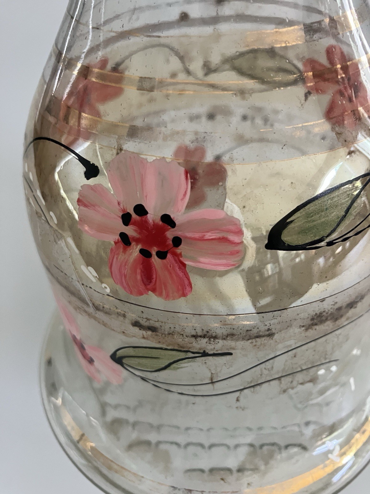 Vintage Bohemian Glass Hookah Vase Decanter Hand Painted Pink Flowers Black Gold