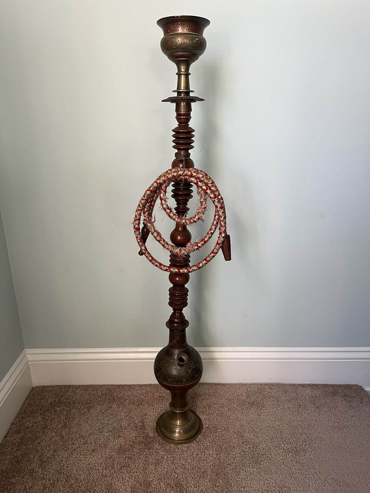 Large Antique Vintage Islamic Metal and Wood Hookah Hand Painted 39&Prime; RARE 50&rsquo;s