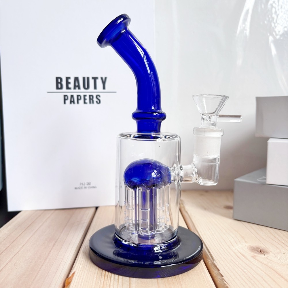 Small 7&Prime; Blue Tree arm Perc Glass Water Pipe Bong Bubbler Hookah w/Tobacco Bowl