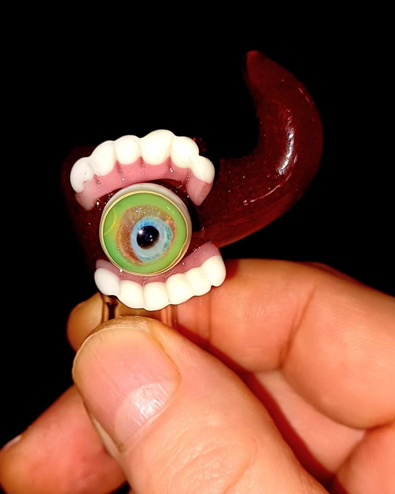 14mm Tobacco bowl Male Glass -Eyeball & Teeth- Horn Handle Art piece-USA made
