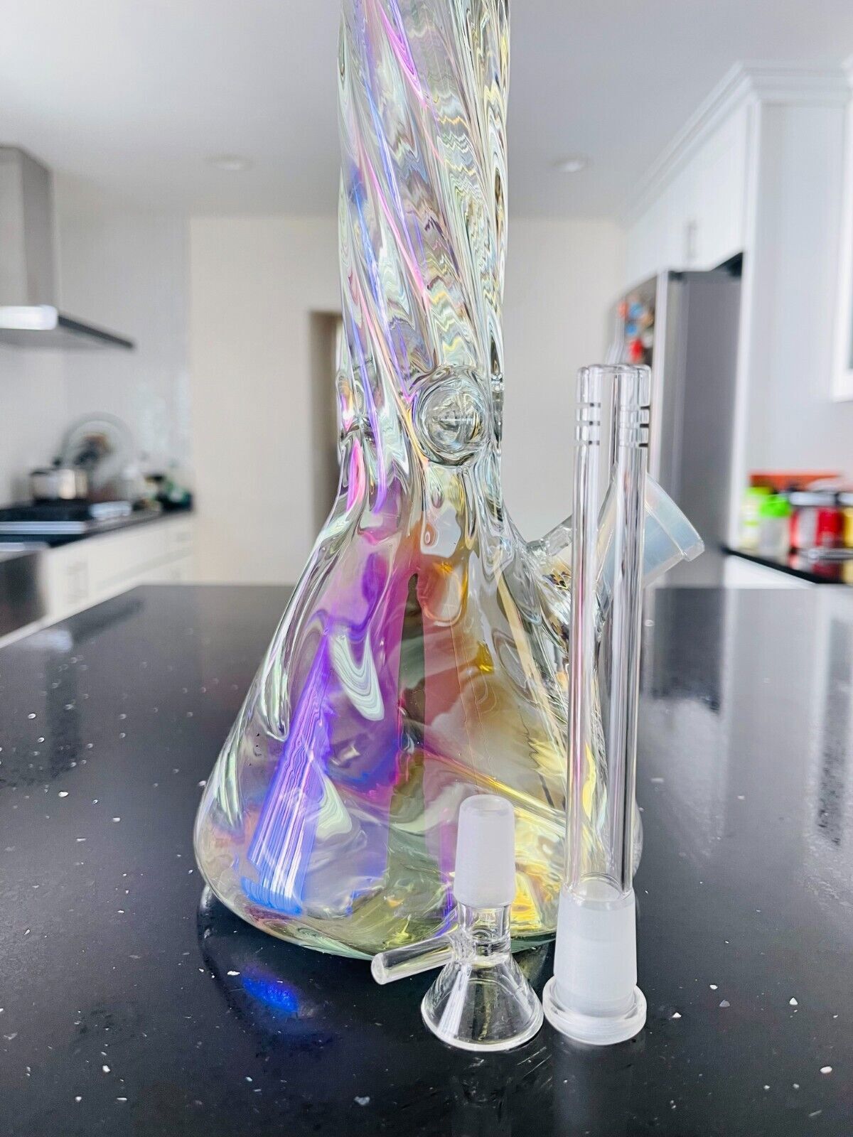 12Inch Thick Iridescent Beaker Heavy Glass Water Bong Spiral Water Follow Shape