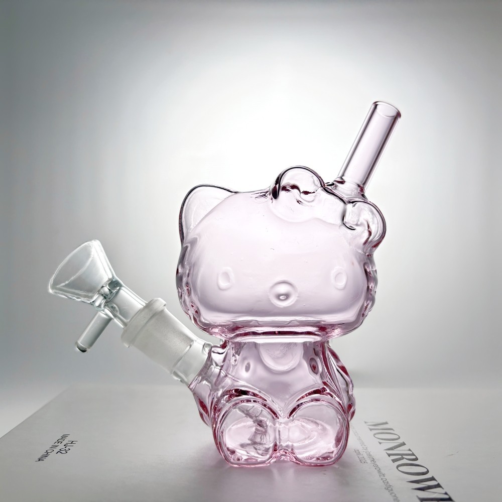 MINI 4.5&Prime; Pink Kitty Glass Bong Built-in Perc Bubbler w/Bowl & Clean Brush USA