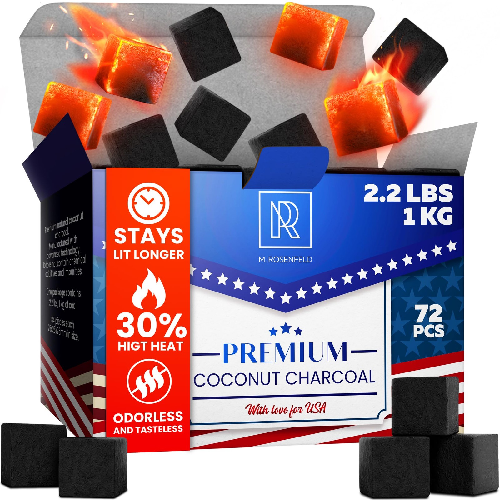 Premium Coconut Charcoal Cubes – Coconut Coals XL Pack of 72 Count & 1 KG