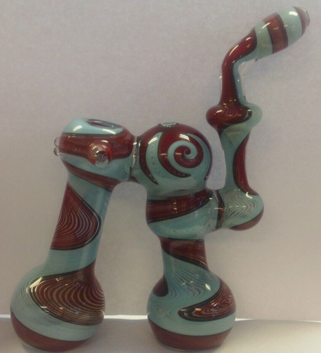 6&Prime; CRUSH GLASS DOUBLE BUBBLER WATERPIPE HANDPIPE – WAVY LINE RED, LT BLUE & GRAY