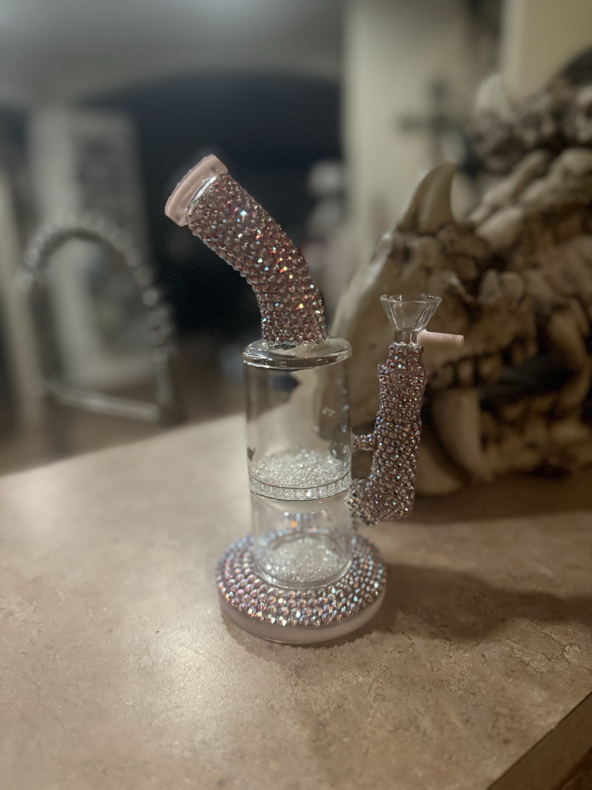 Crystal Encrusted Glass Water Pipe with Diamond Pattern. Girly bong Bling Bong