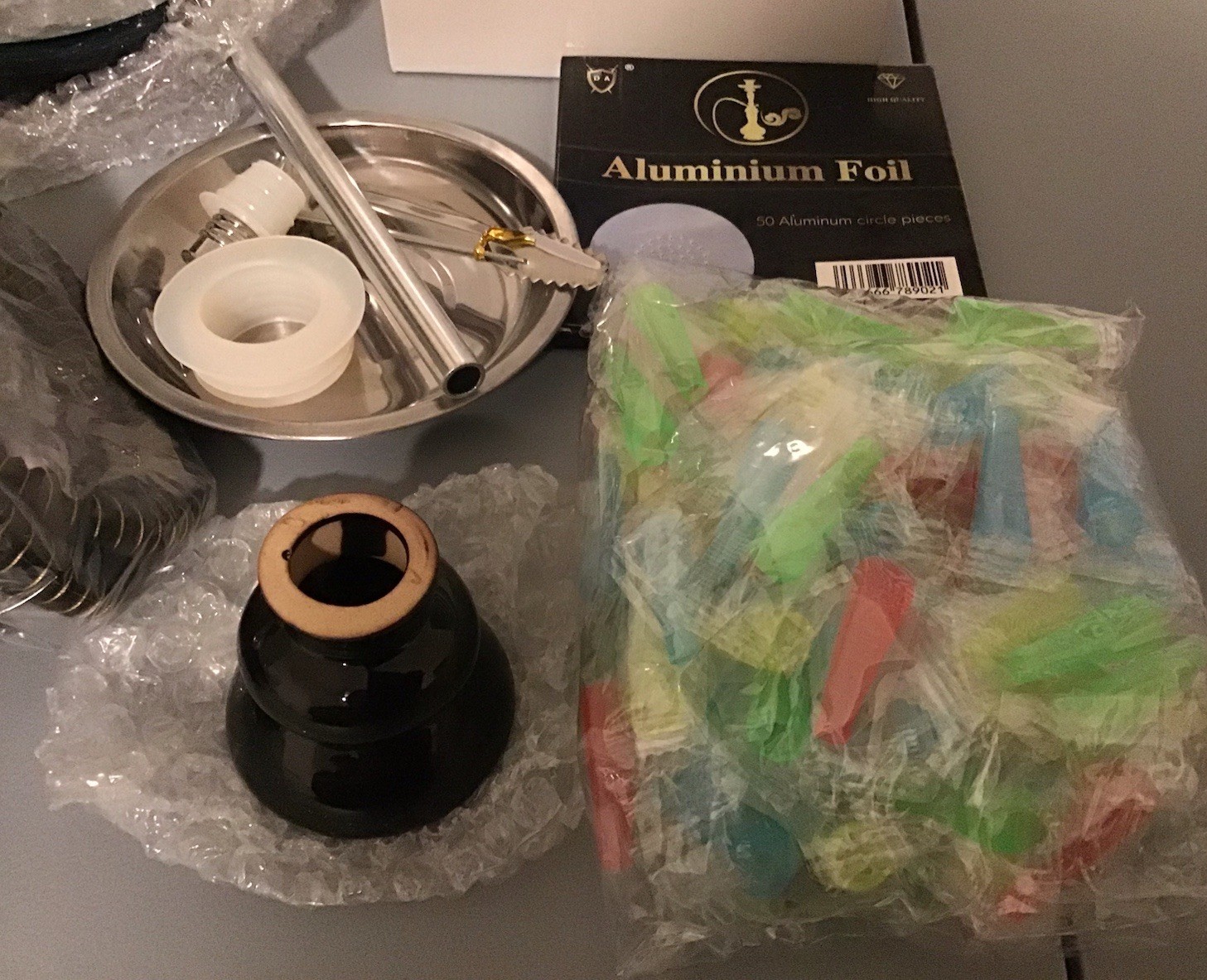 Hookah Glass & Ceramic Pipe Set with 4 Hoses, accessories – Black & White NEW
