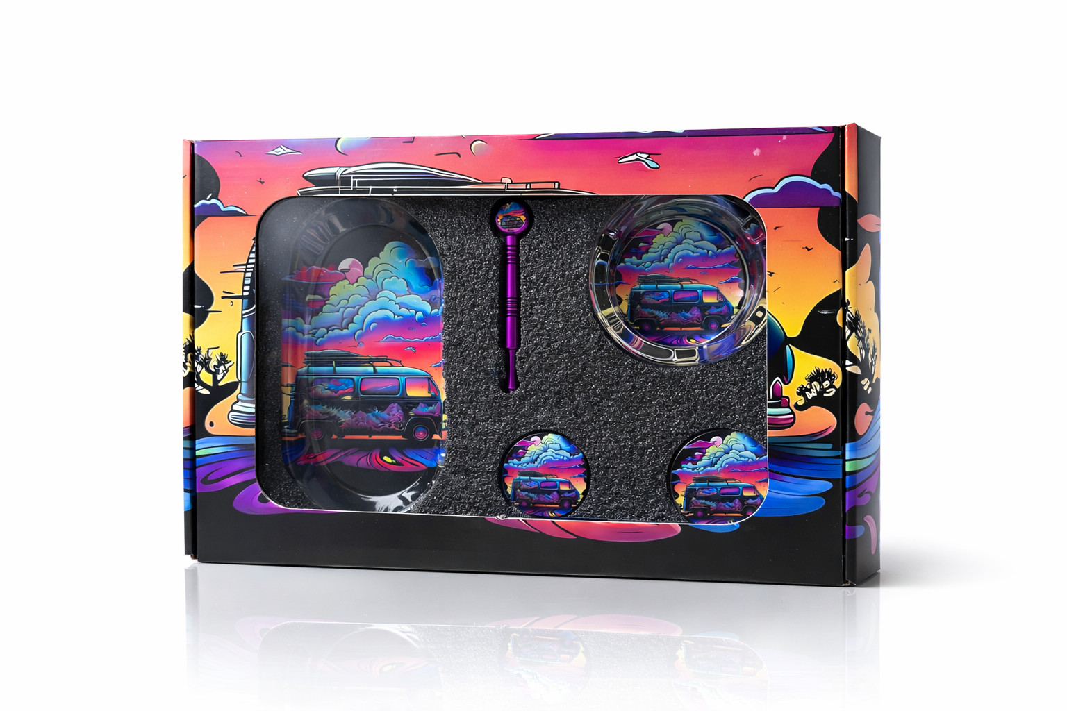 Fire Essentials Kit Tray One Hitter Stash Jar 4pc Grinder Set Colorful