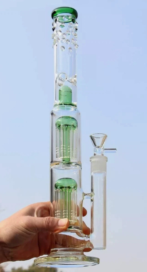 16&Prime; Heavy Glass Bong Green Percolate Bongs Smoking Hookah Water Pipe 18mm Bowl