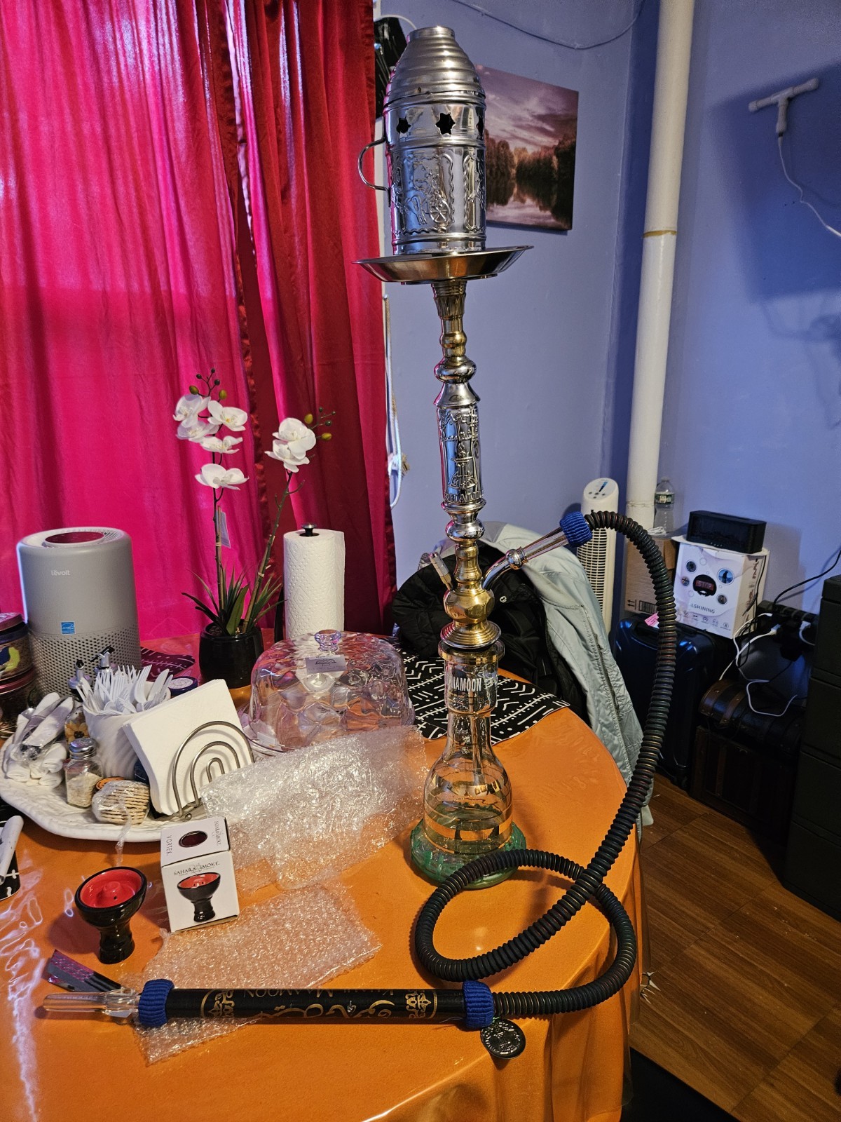Khalil Maamoon Hookah Set w/ Carry Bag, Glass Base, Hose, Tray & Bowls