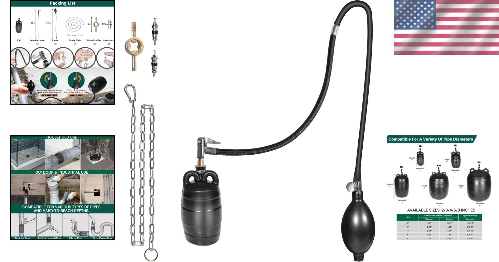 Durable 2&Prime; Inflatable Pipe Plug Kit with Safety Chain & Pump for Plumbing Tests