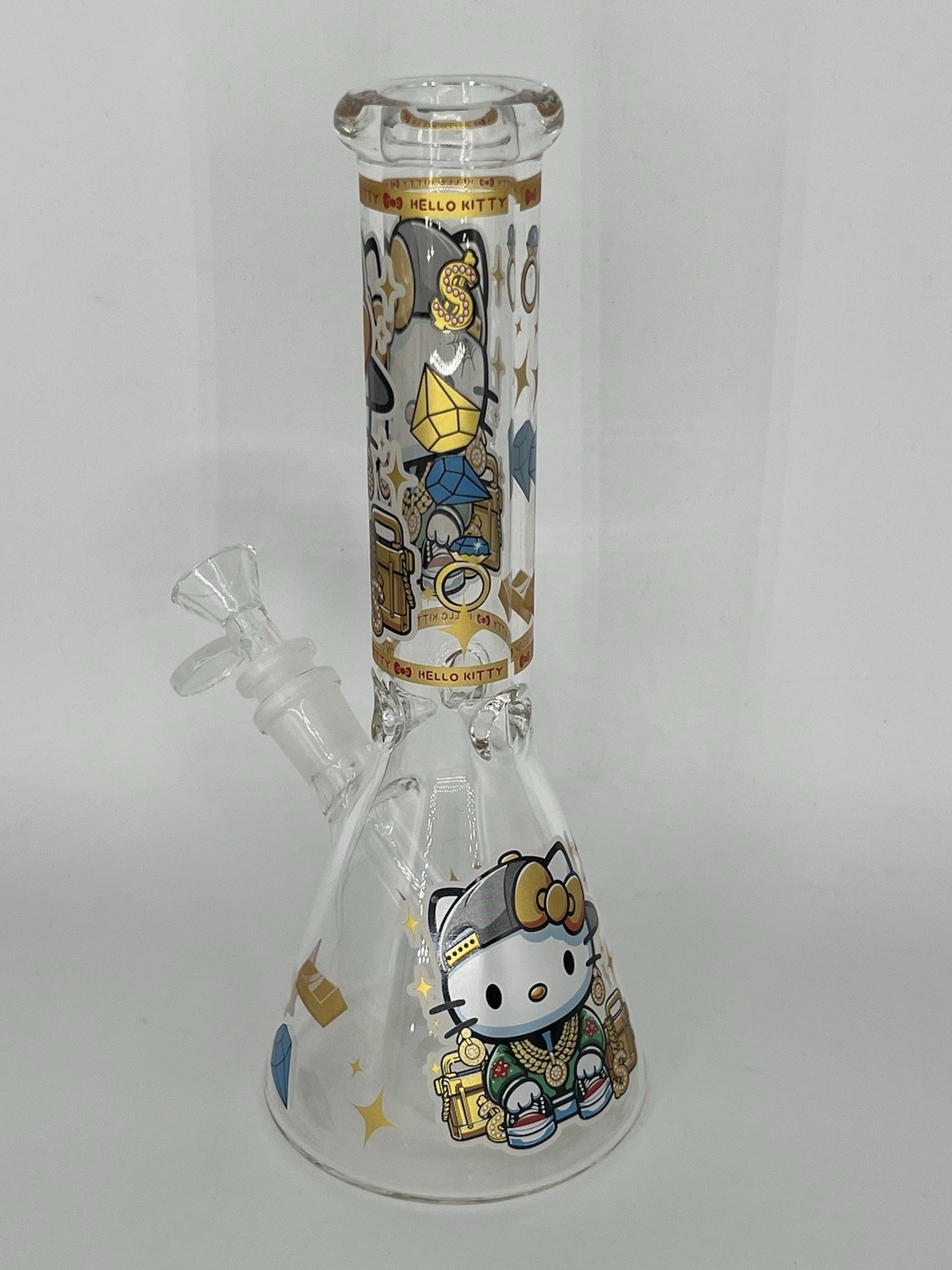 10” BLING “ALL SWAGGED OUT” HELLO KITTY GLOW N DARK BONG 14mm BOWL -2 FREE GIFTS