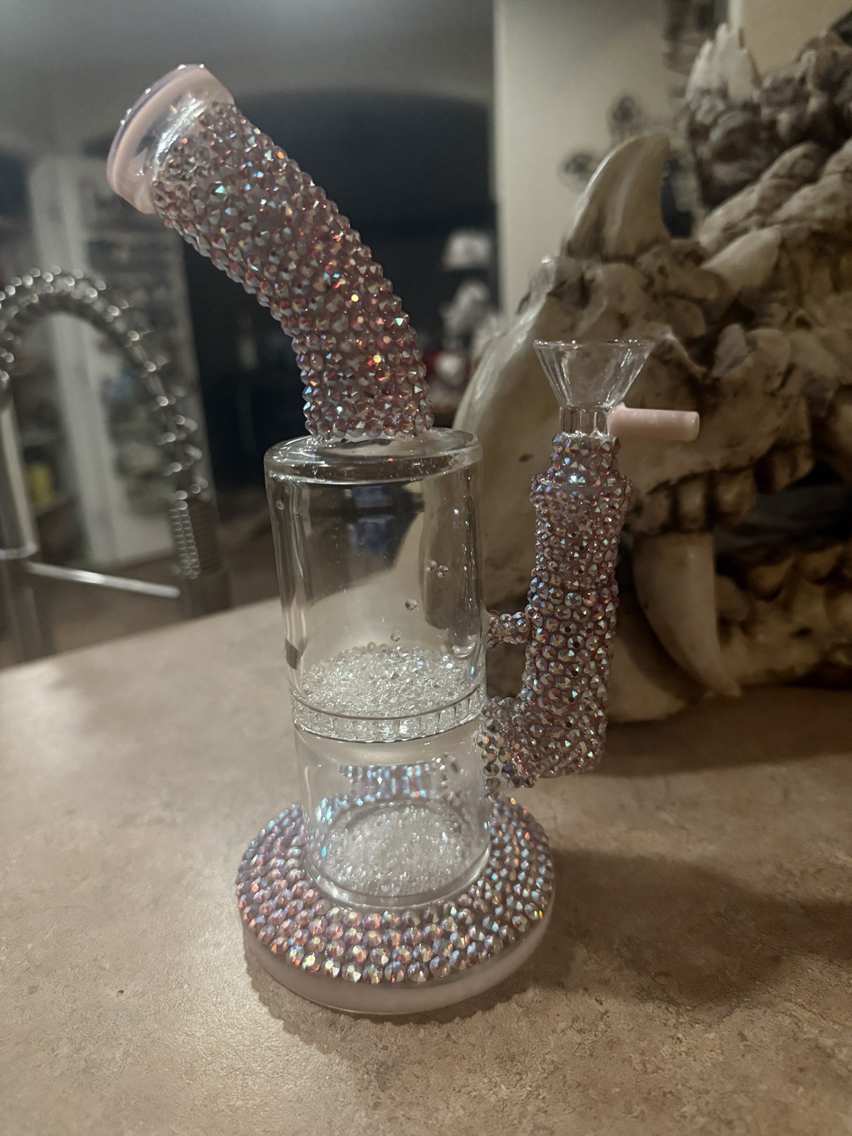Crystal Encrusted Glass Water Pipe with Diamond Pattern. Girly bong Bling Bong