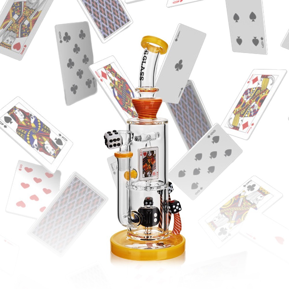 Playing Card Bent Neck Water Pipe Heady Bong | Yellow Wig Wag Colors EG Glass