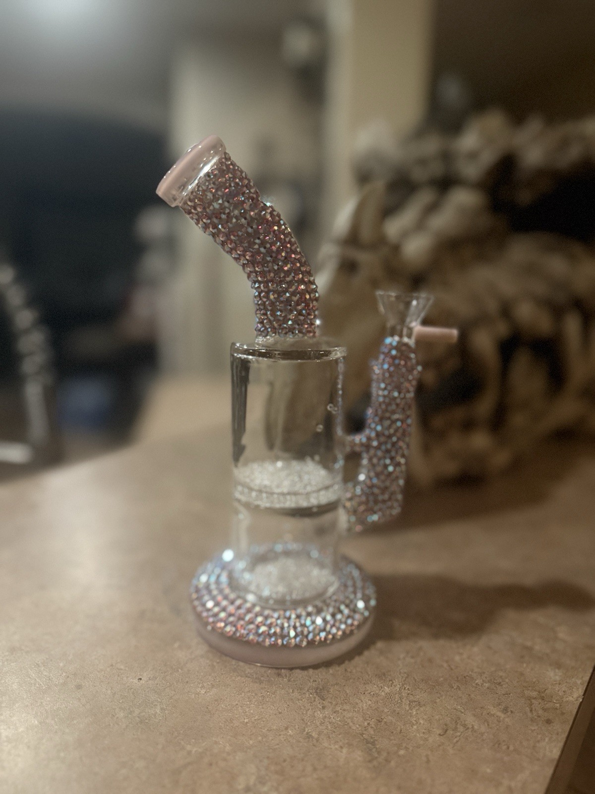 Crystal Encrusted Glass Water Pipe with Diamond Pattern. Girly bong Bling Bong