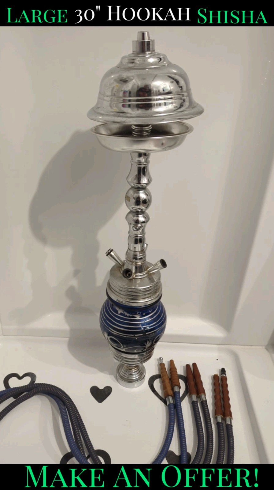 ✨USED✨ Large 30&Prime; Glass Hookah Shisha w/ 3 Separate Wood Handle Hoses