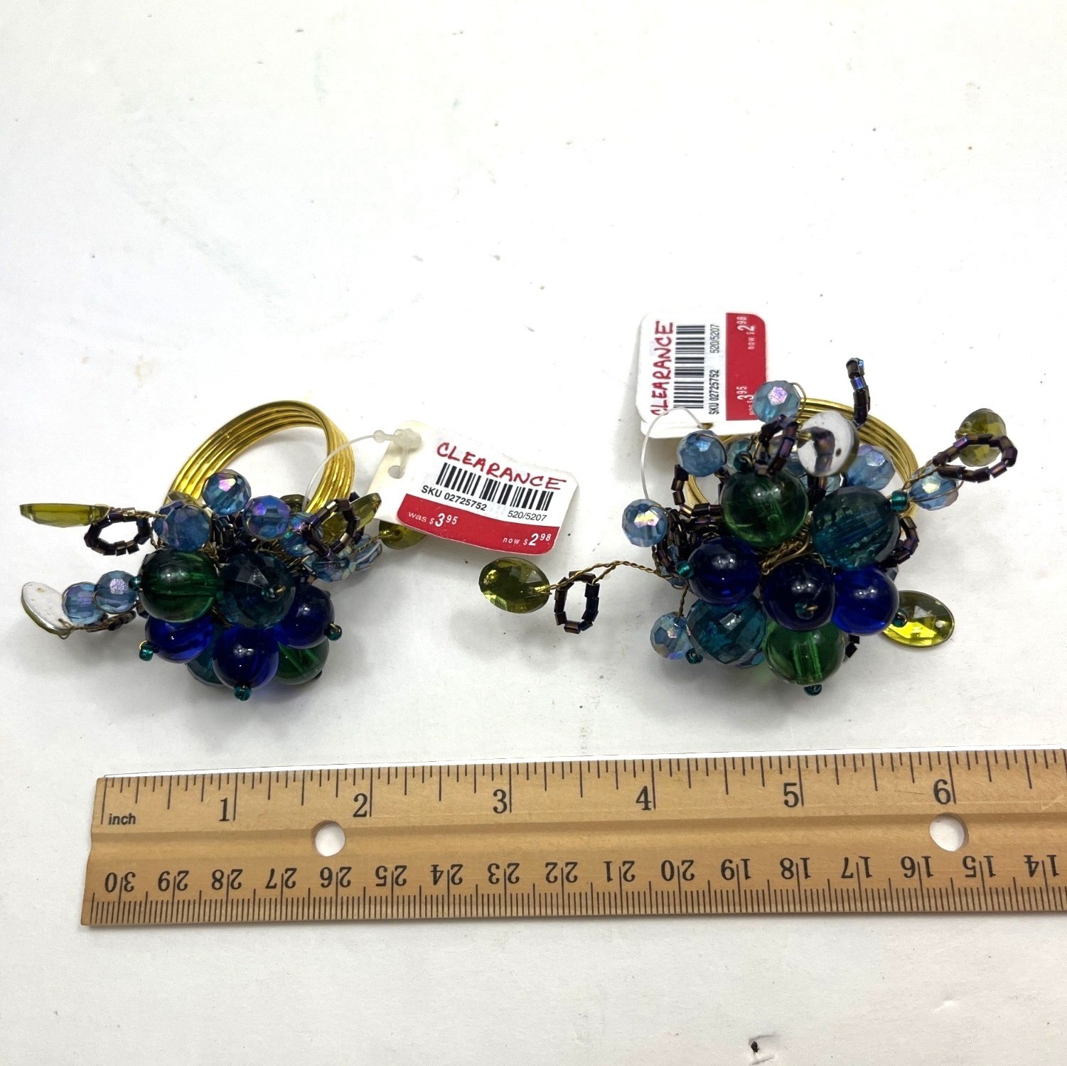Beaded Napkin Ring Set Of 2 With Gold Bands & Blue-Green Glass Cluster Design