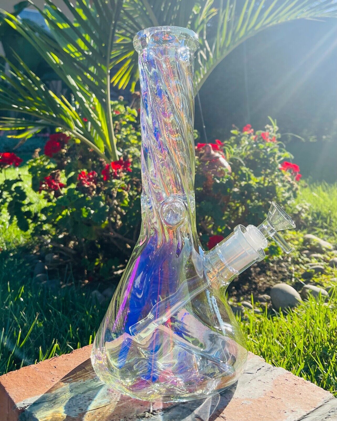 12Inch Thick Iridescent Beaker Heavy Glass Water Bong Spiral Water Follow Shape