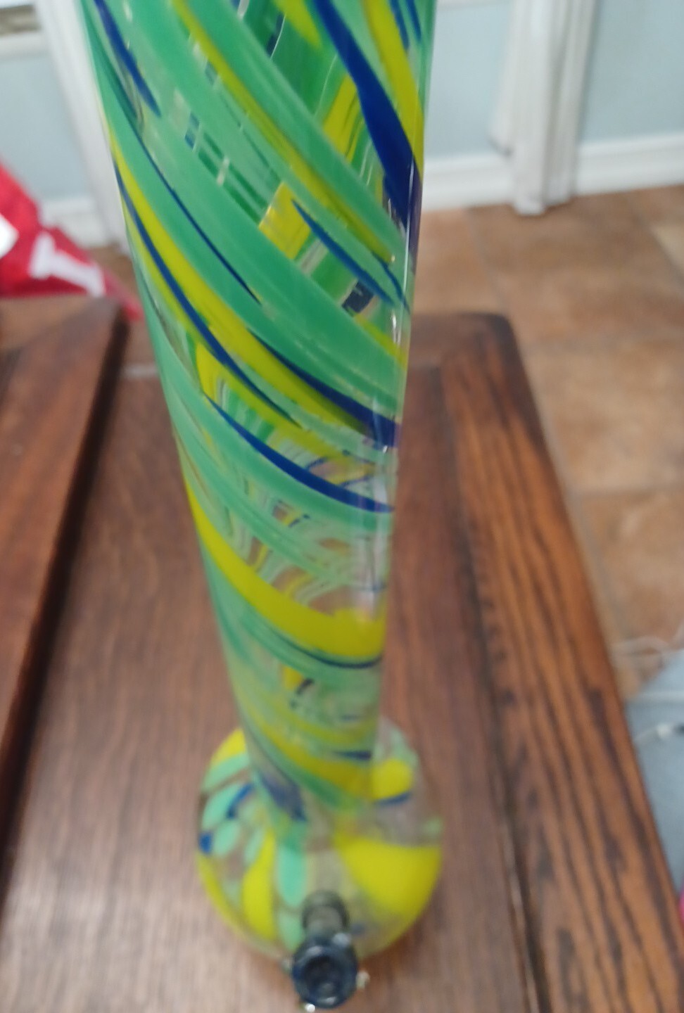 Water Bong Blown Glass Beautiful Pipe Yellow and Green , BLue Swirls