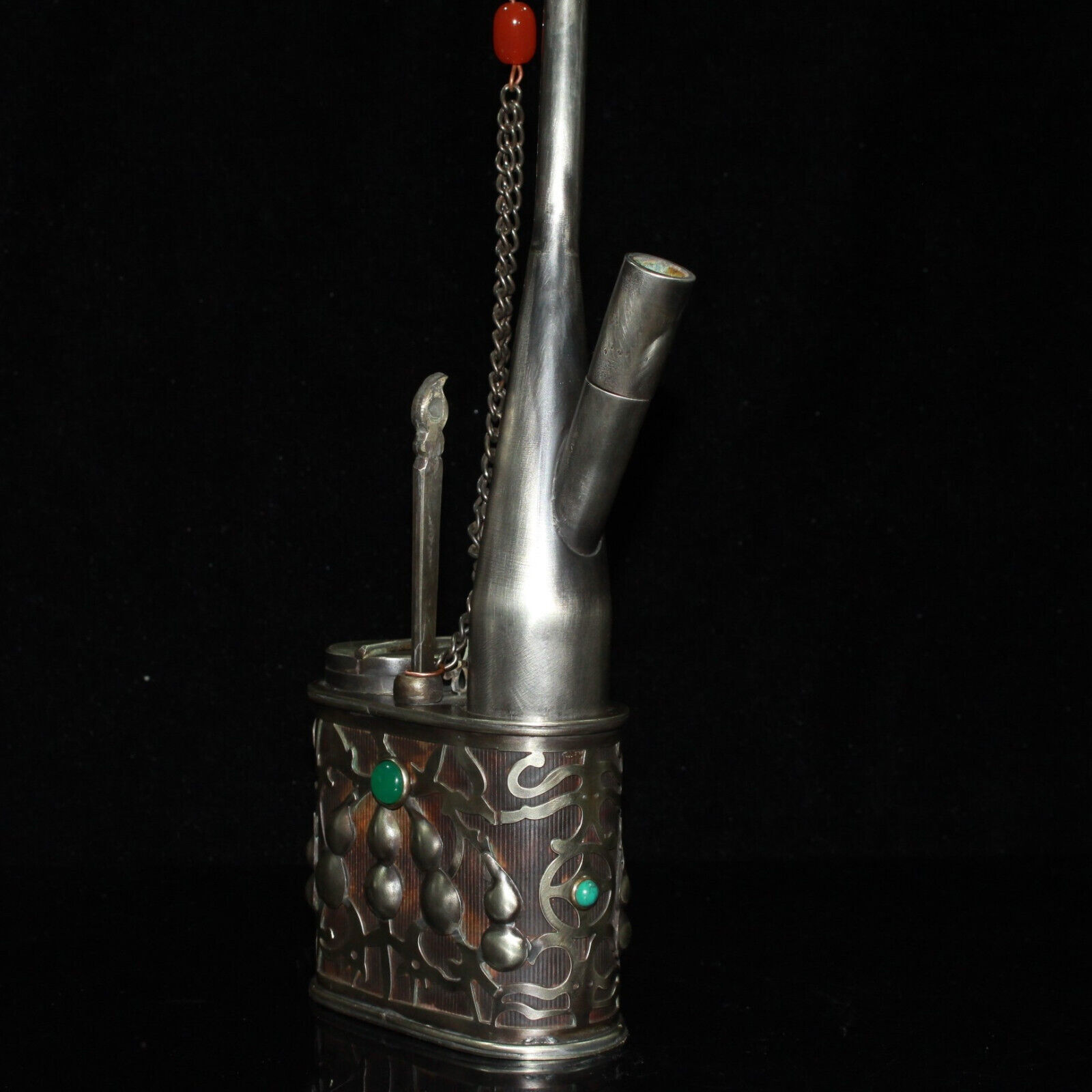 Early Collection of White Copper Inlaid Gemstone Hookah Ornaments