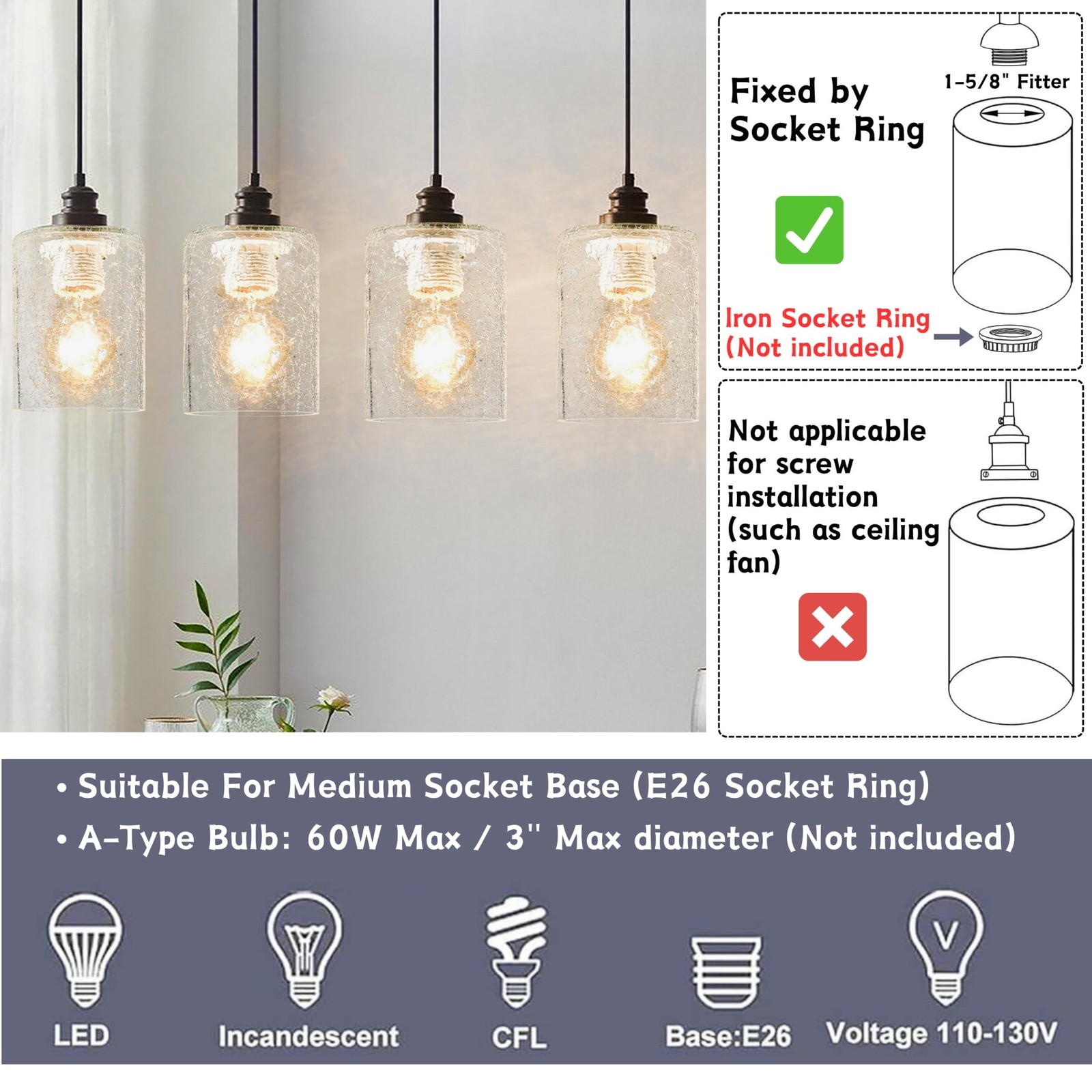 GO&SO 6Pcs Crack Finish Glass Lamp Shade 5.9&Prime;H 3.94&Prime;D 1.65&Prime;Fitter