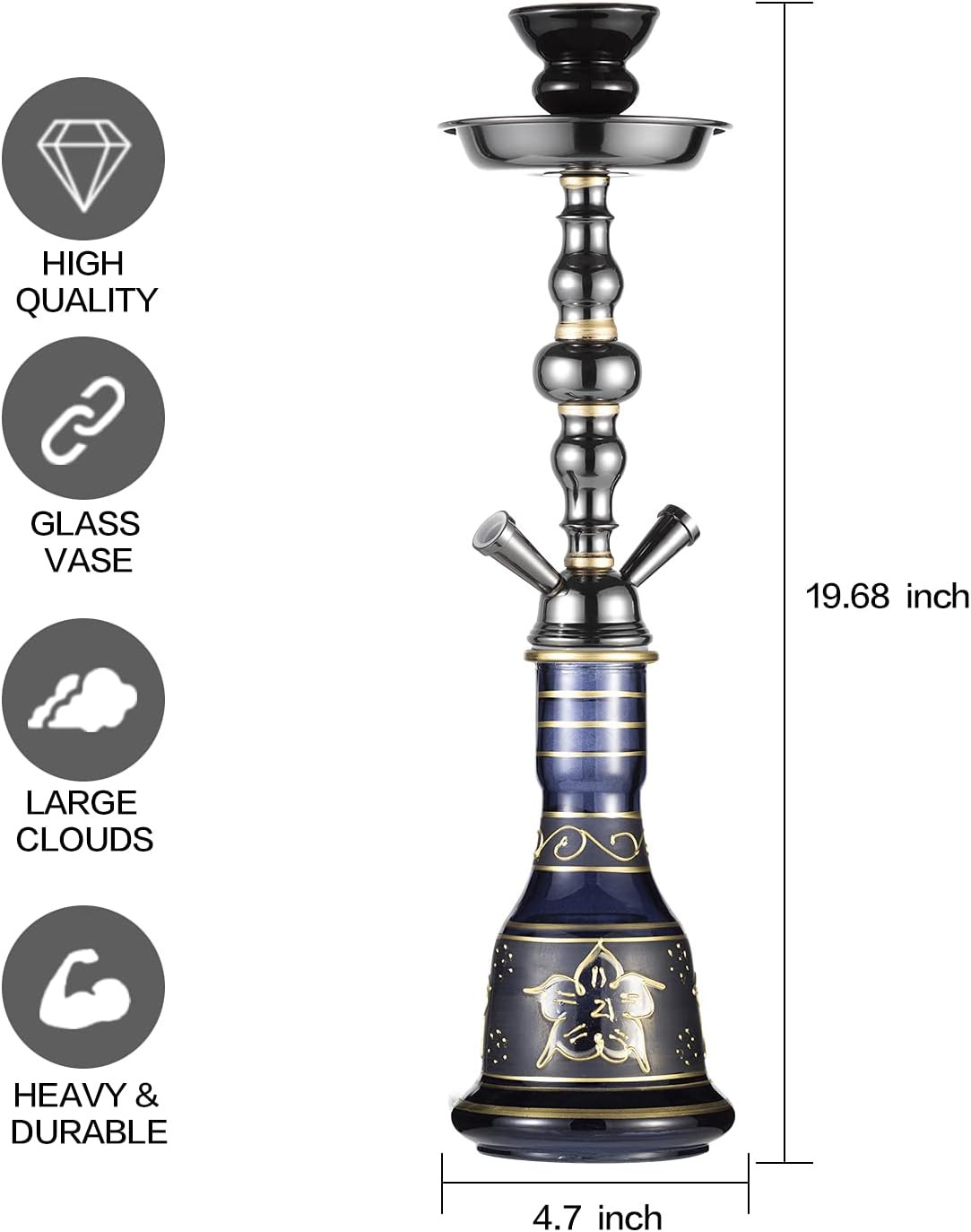 20&Prime; Hookah Set – 2 Hose Premium Shisha Hookah Kit with Glass Vase, Ceramic Bowl