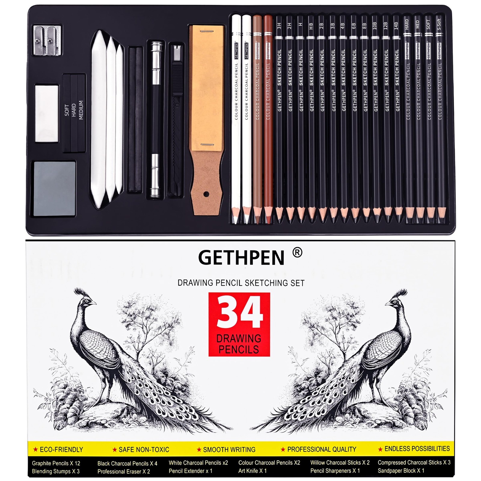 GETHPEN 34Pcs Sketch Drawing Kit, Graphite 14B-4H Charcoal Pencils Sticks | S…