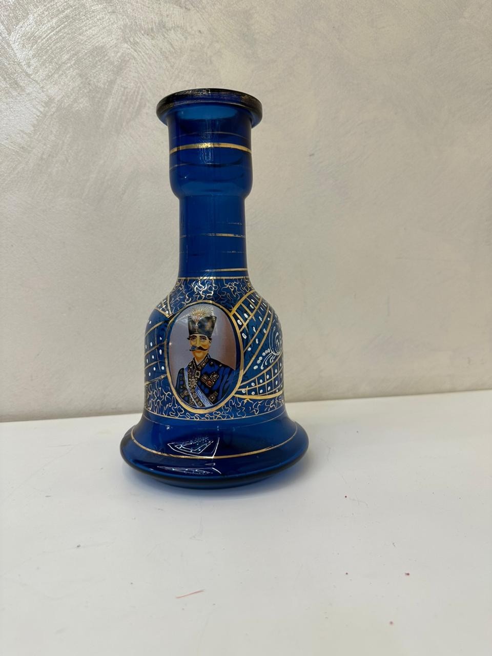 Vintage Persian Cobalt Blue Glass Hookah Base – Hand-Painted with Royal Portrait