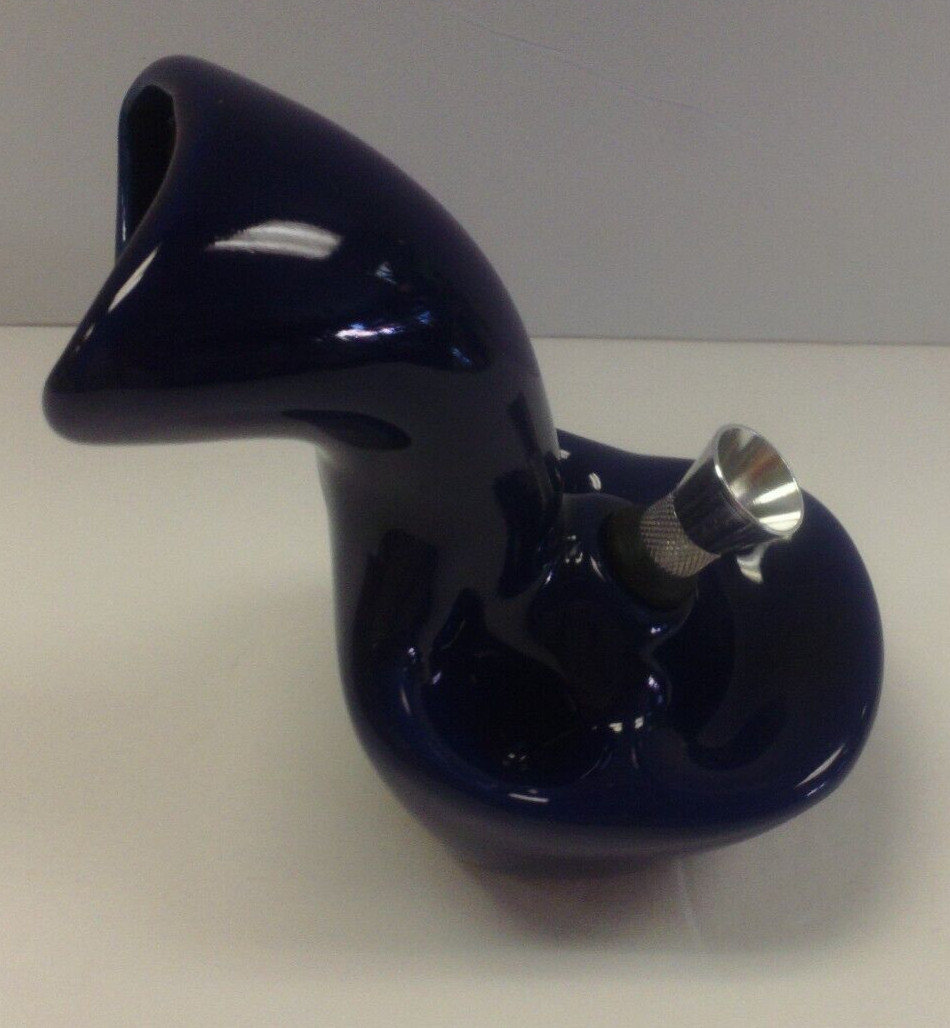 SMALL CERAMIC HANDHELD W/ TRAYS TOBACCO WATER PIPE HOOKAH BONG 5&Prime; TALL DARK BLUE
