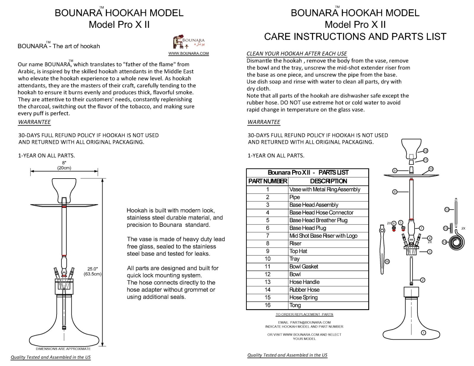 Hookah Shisha. Heavy Duty Stainless Steel Complete + case, double hose, 25” tall
