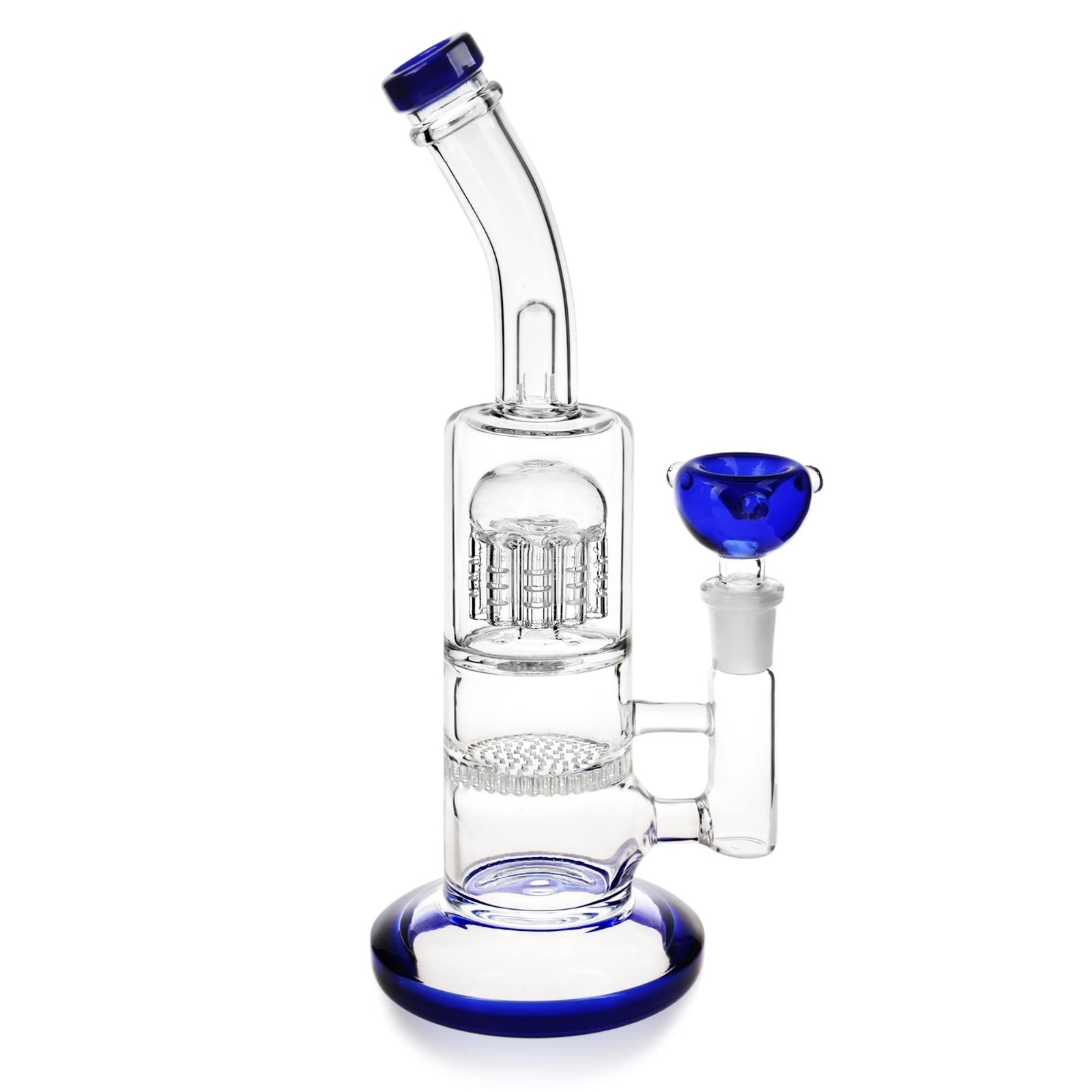 10&Prime; Double Honeycomb Filter Handmade Clear Glass Art Pipe Blue Base Ornament