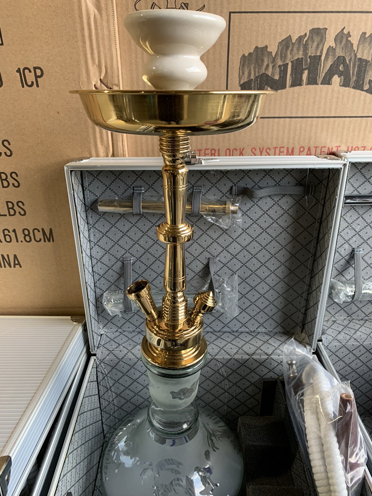 INHALE 21’’ HEAVY DUTY SOLID BRASS HOOKAH IN A SUITCASE *PALMS/CAMEL CLEAR *