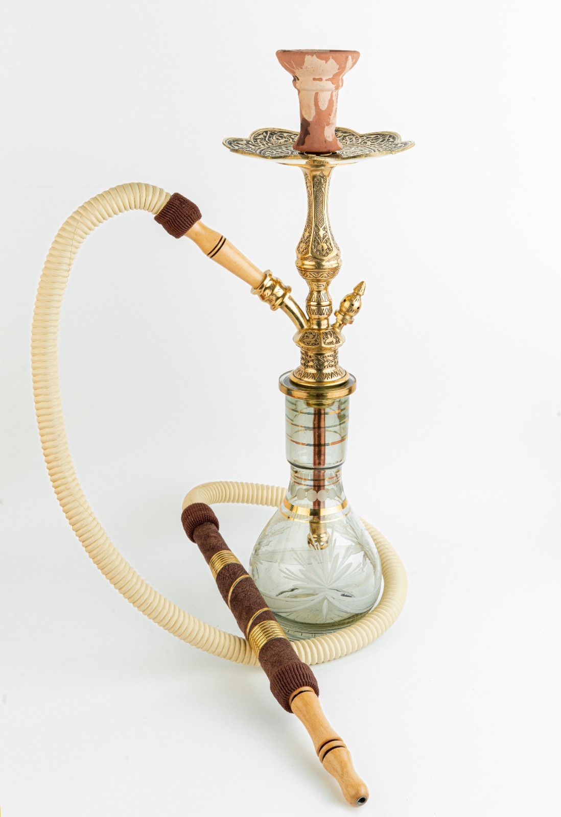 Handmade Brass and Glass Collectible Hookah with Ornate Detailing and Clay Bowl