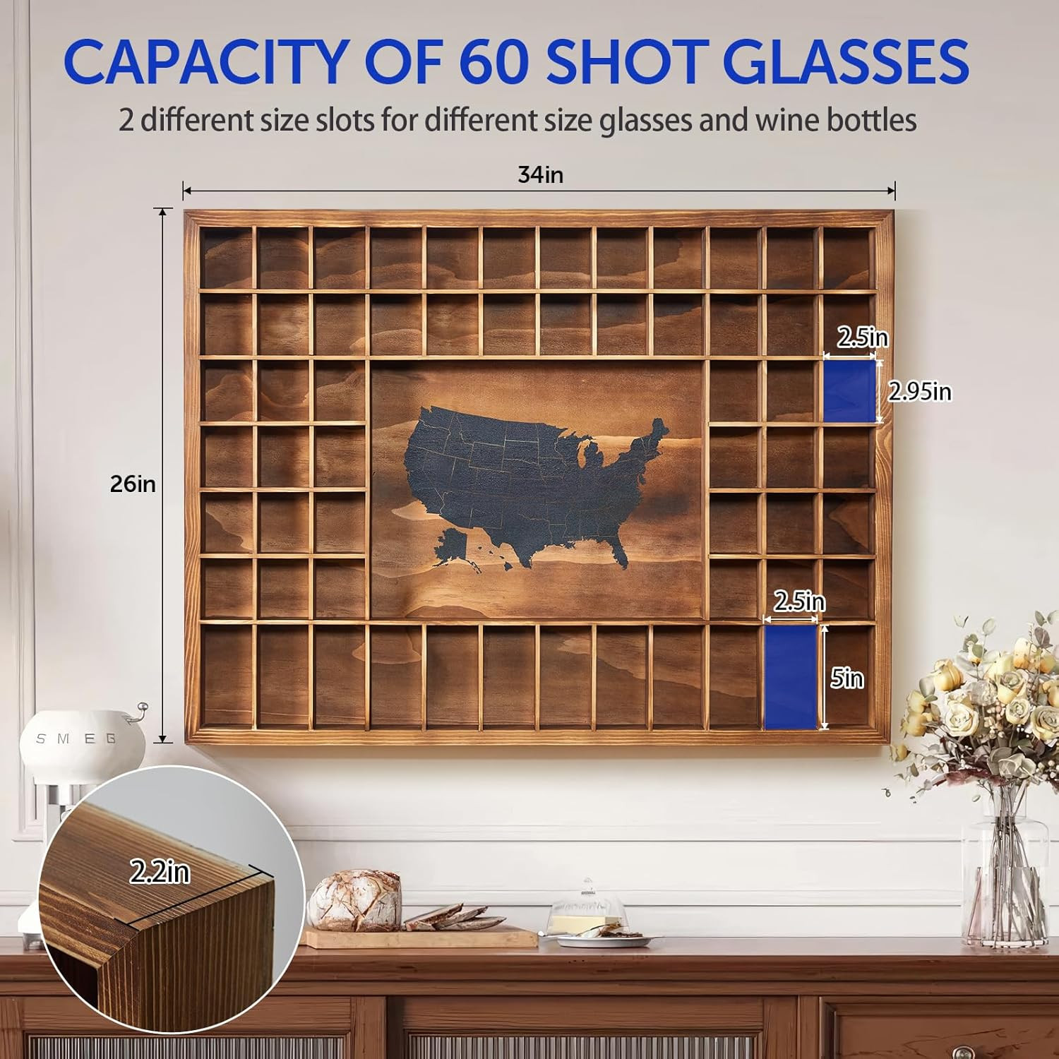 Rustic Wood Shot Glass Display Case with US Map – 60 Slots, 34×26 Inch