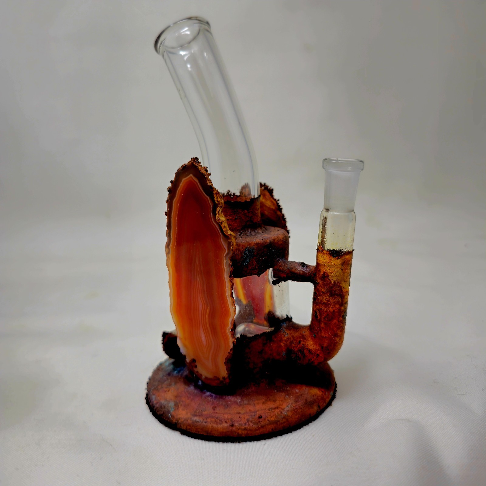 Copper Electroplated Heady Glass Rig w/ Ammonite Fossil & Amber Agates Borosilic