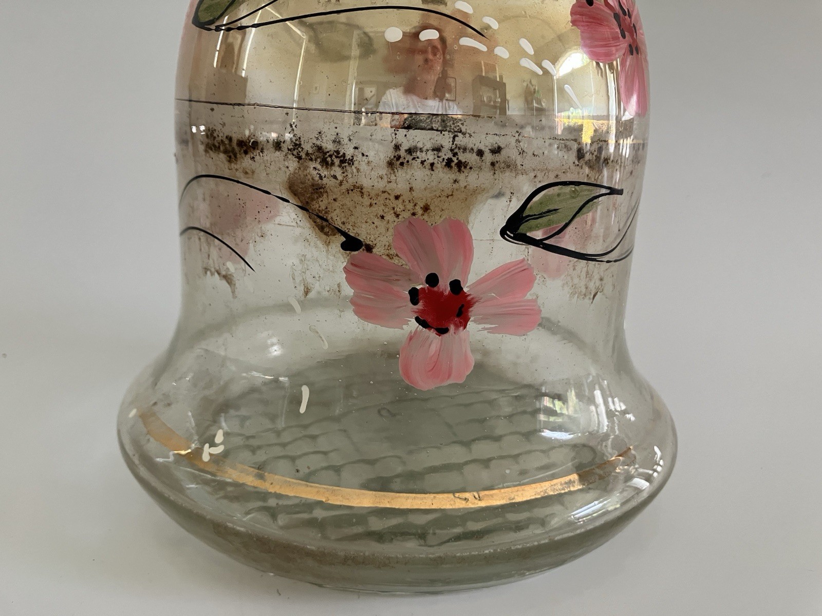 Vintage Bohemian Glass Hookah Vase Decanter Hand Painted Pink Flowers Black Gold