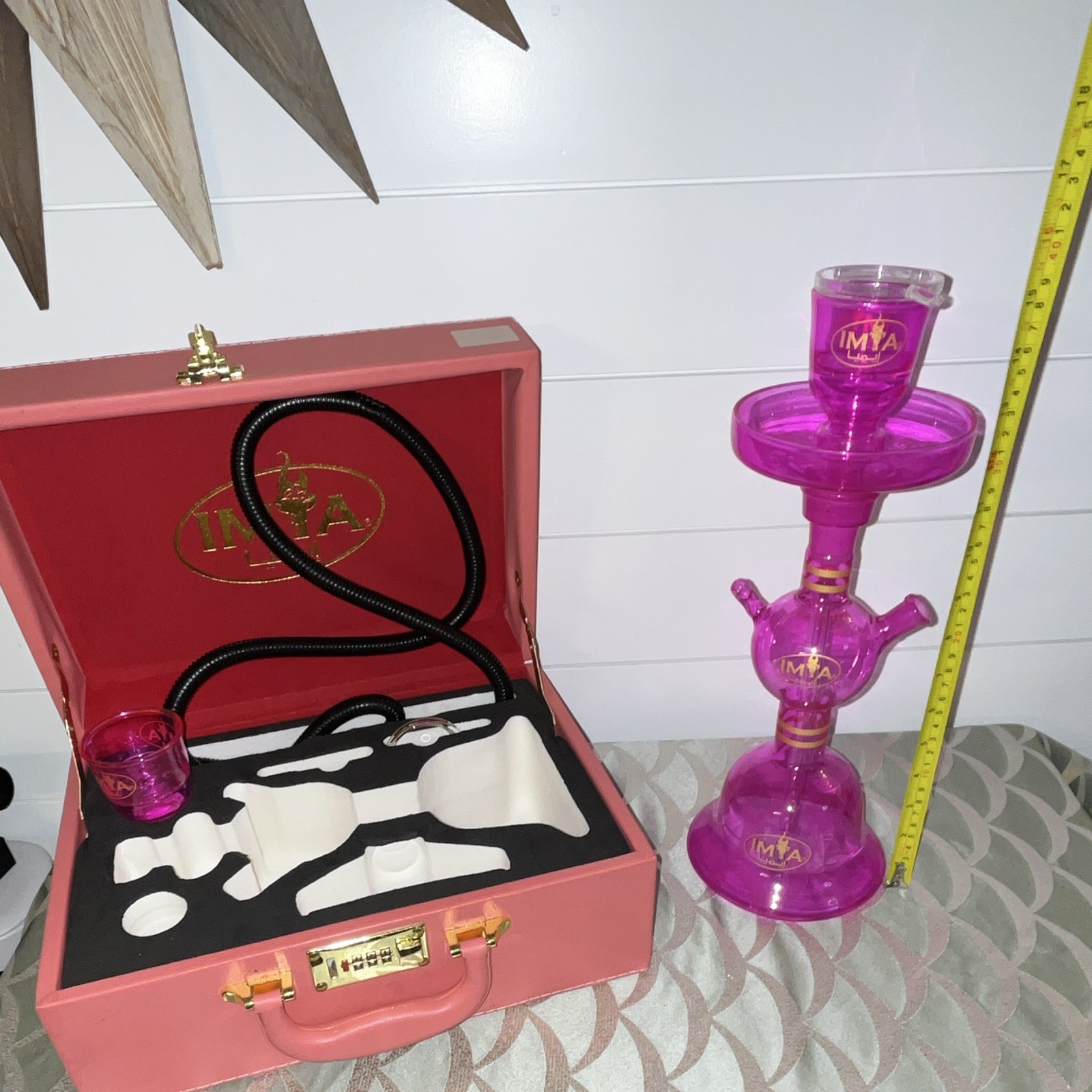 IMYA Pink Portable Glass Hookah Set 15” Shisha Complete Lock Hard Travel Case