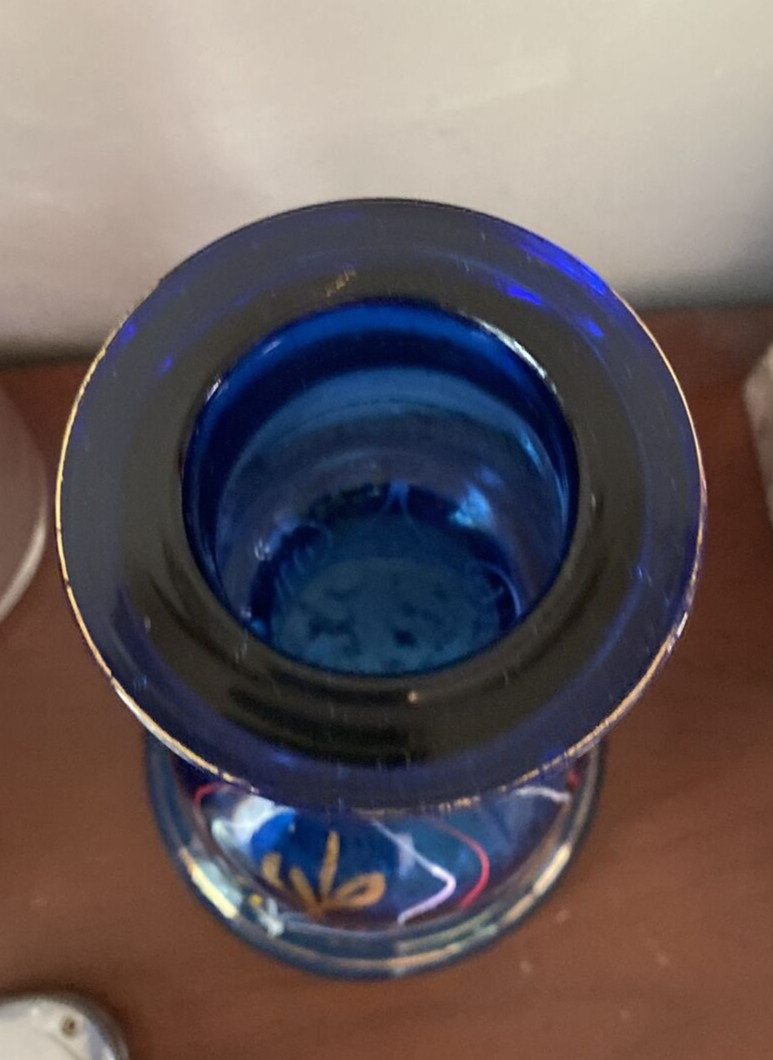 Vintage Middle Eastern Islamic Painted Hookah Base Vase Cobalt Blue Glass 12”