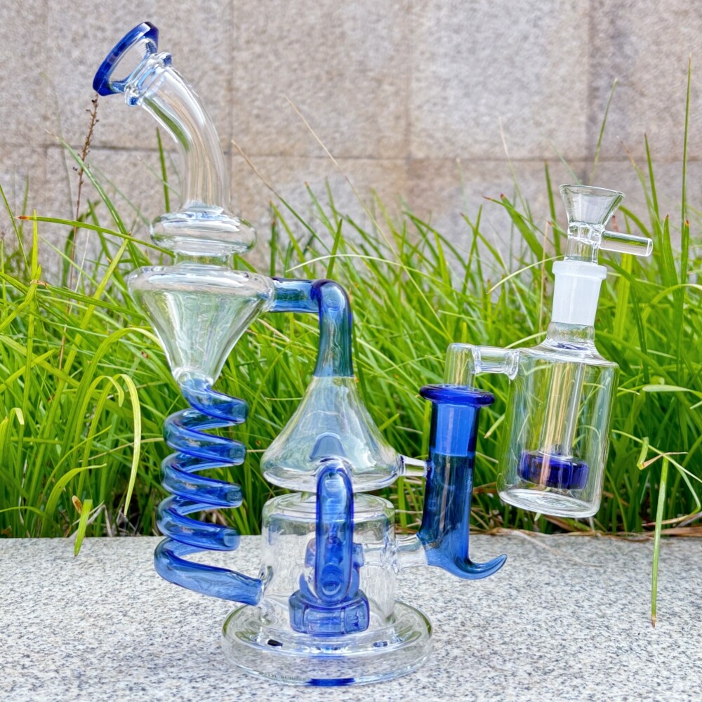 9 » Glass Coil Tornado Water Bong Recycler Bubbler Hookah w/14mm Ash Catcher