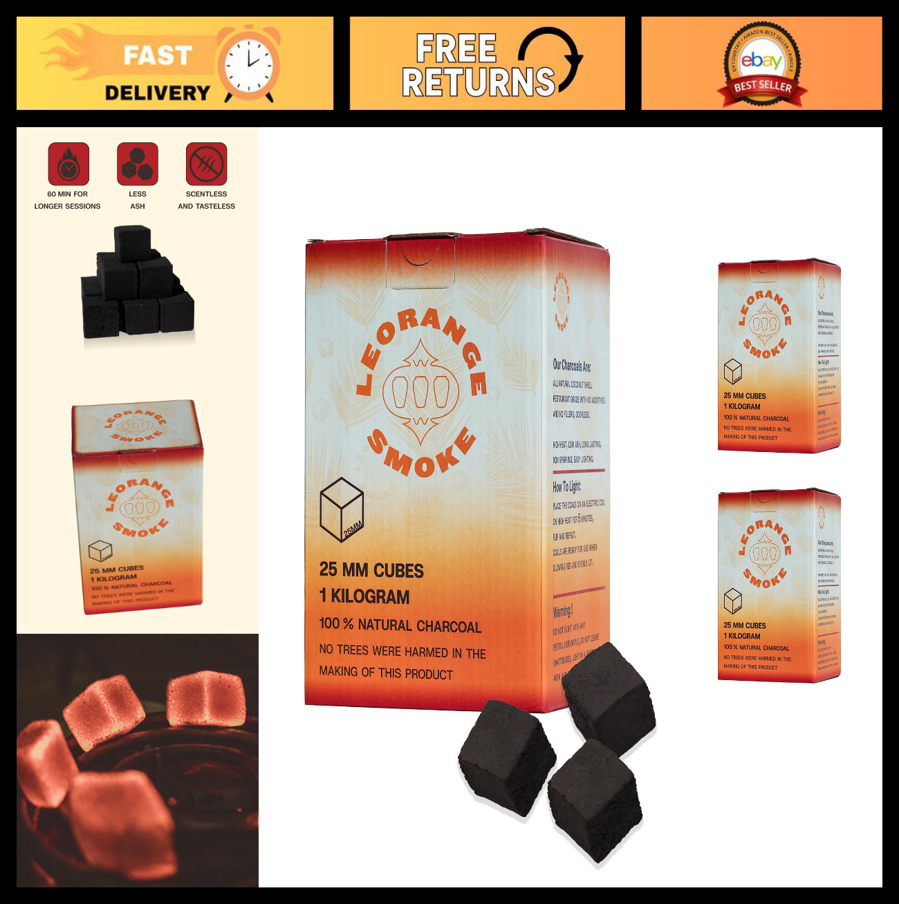 25mm Coconut Shell Charcoal Cubes – 3KG Hookah Charcoal for Smooth Smoking