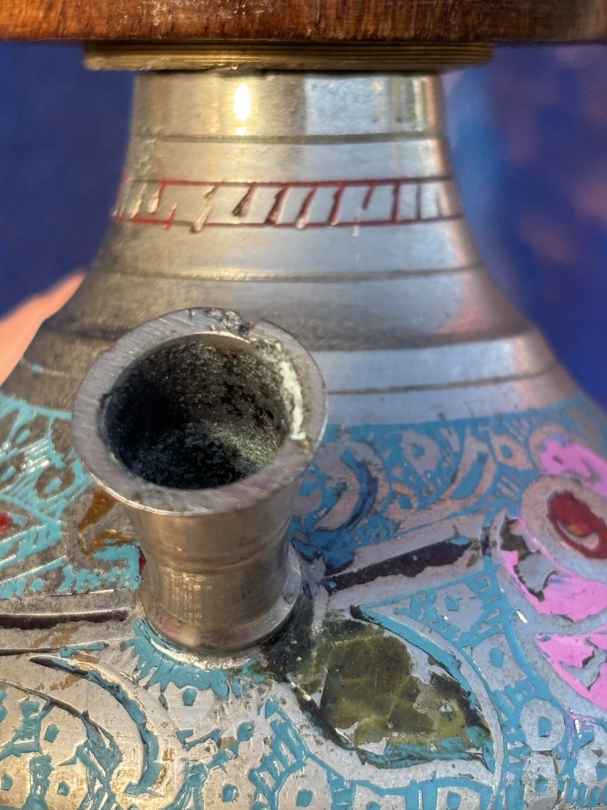 Vintage Ornate Brass Wood Hookah Pipe 16.5” Tall Pipe Boho Flower Decor