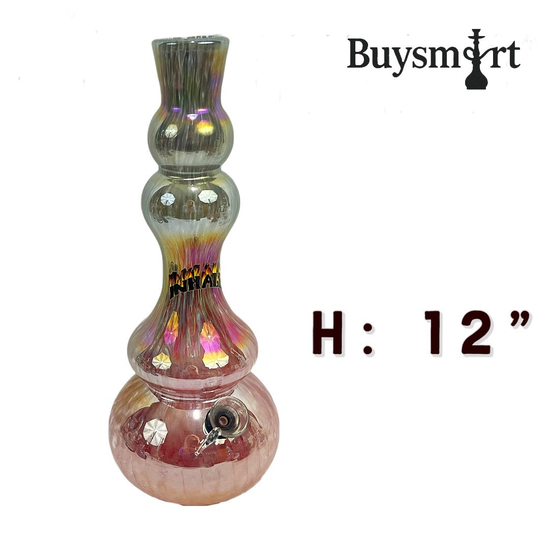 12&Prime; Grey Pink Soft Glass Hookah Water Pipe 1-1/4&Prime; Wide Mouth Iridescent
