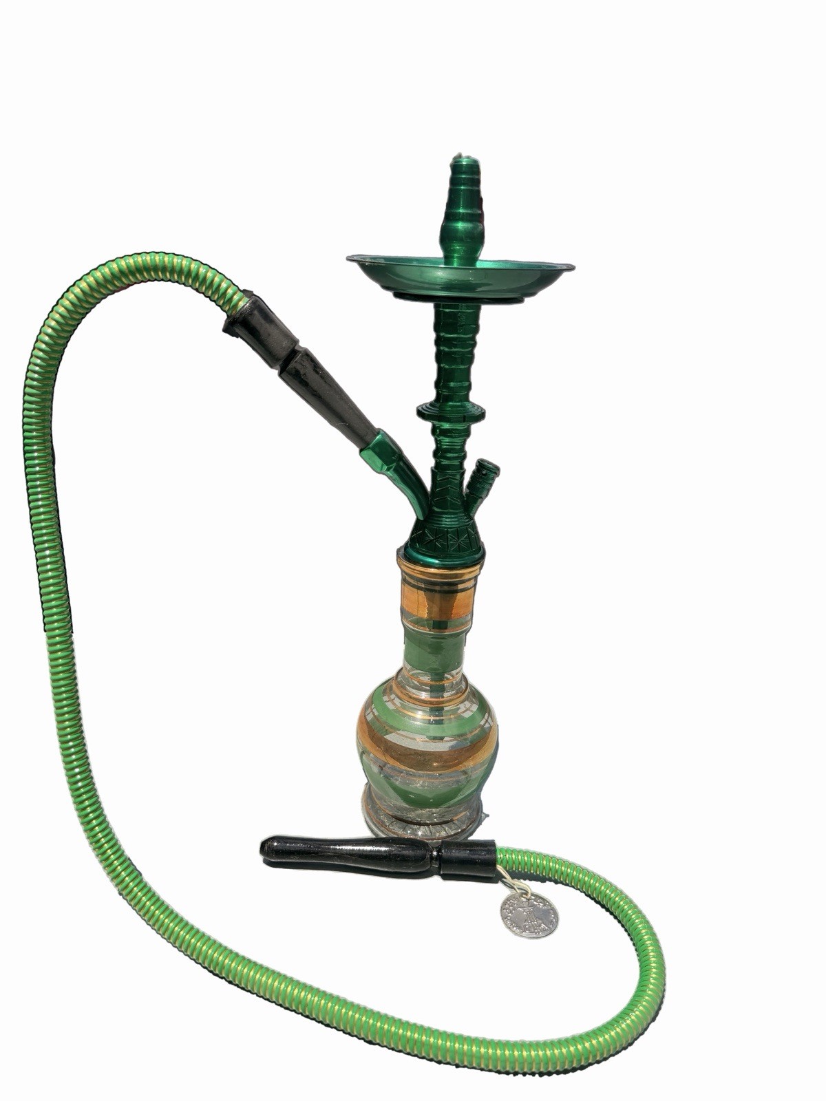 Khalil Mamoon Hookah Green Gold Egyptian Handmade New w/ Hose Bowl Tray