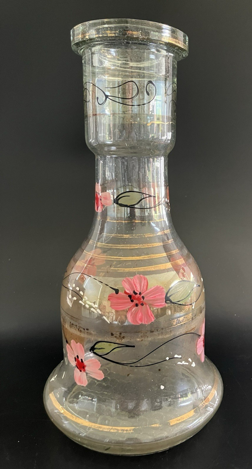 Vintage Bohemian Glass Hookah Vase Decanter Hand Painted Pink Flowers Black Gold