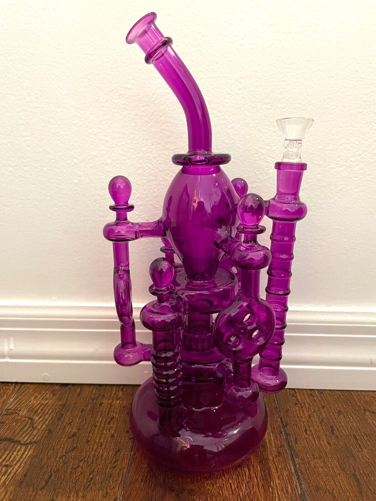 13” Thick Glass Water Pipe Art Clear Purple Power Tower Shower Head 14mm