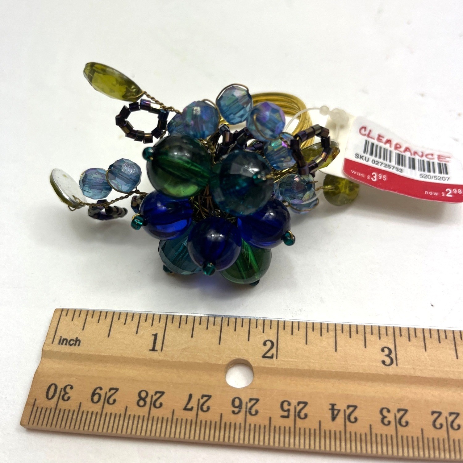 Beaded Napkin Ring Set Of 2 With Gold Bands & Blue-Green Glass Cluster Design