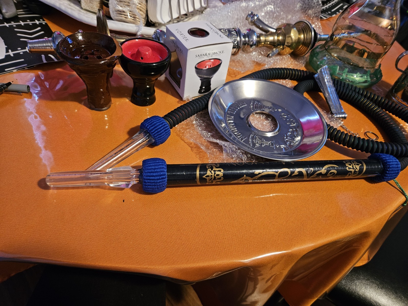Khalil Maamoon Hookah Set w/ Carry Bag, Glass Base, Hose, Tray & Bowls